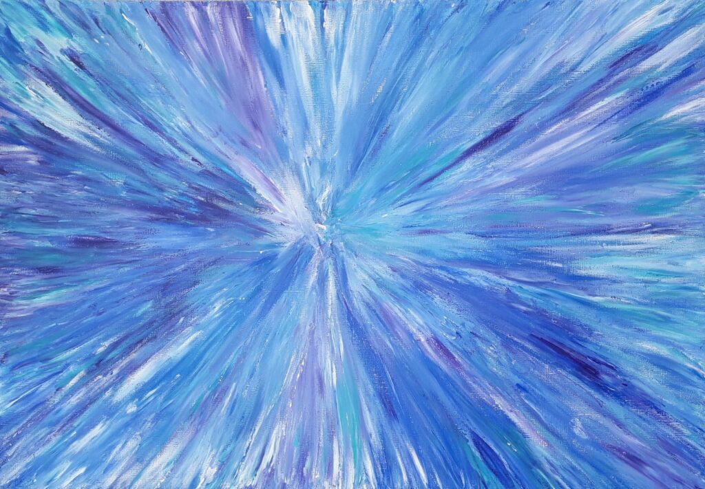 Peinture abstraite rectangulaire "Bleu" bleue, violette et blanche. Jaillissement et vitalité – œuvre de Nadège Tissot