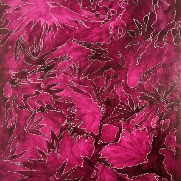 peinture abstraite aux teintes magenta, pointillisme