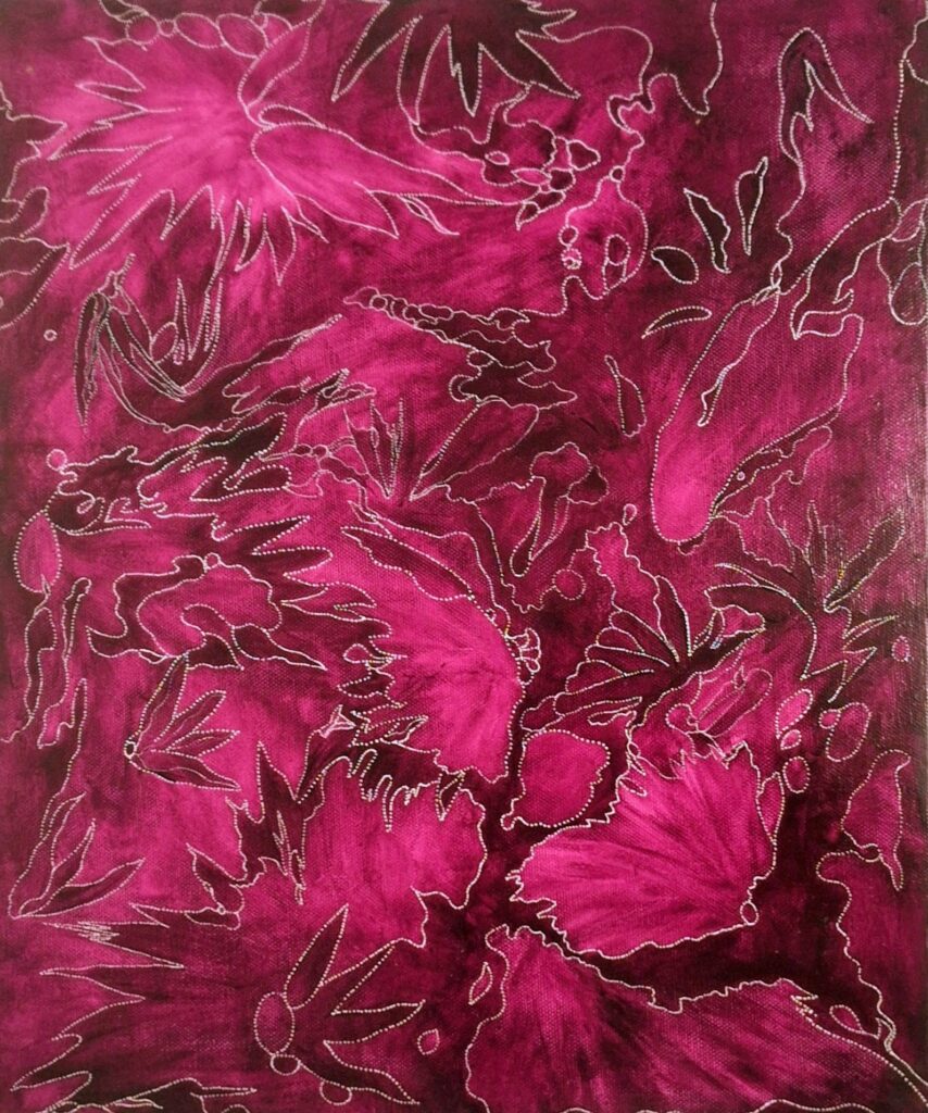 peinture abstraite aux teintes magenta, pointillisme