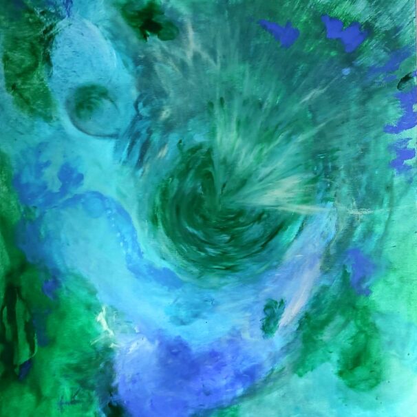 Peinture abstraite aux tons verts et bleus. Profondeurs marines, lumineuses