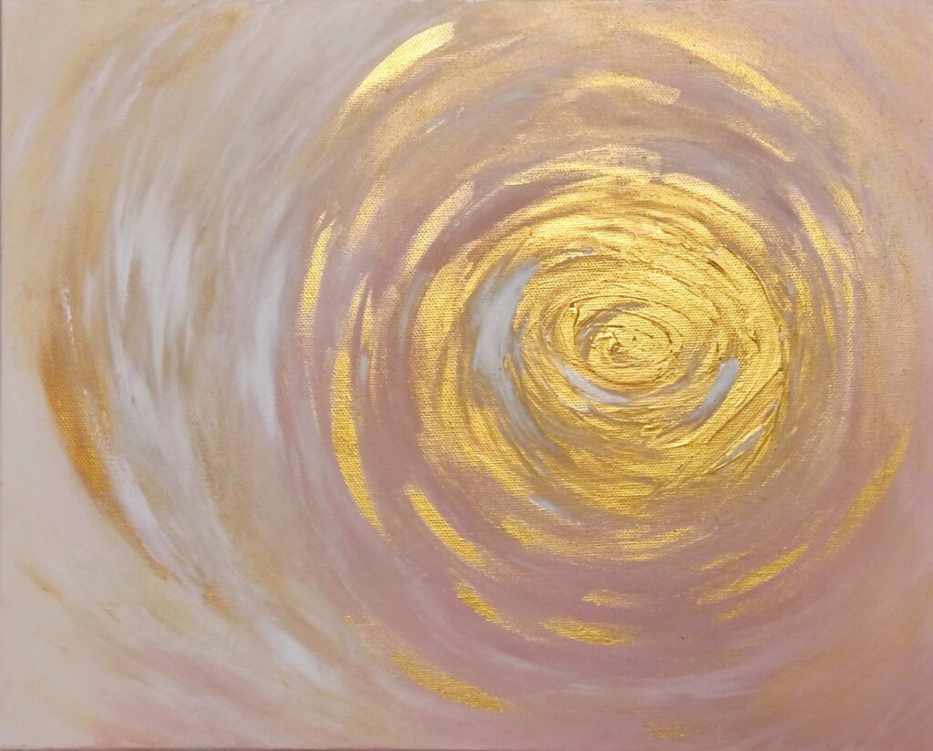 Peinture abstraite rectangulaire "Douceur" vieux rose, blanc et doré avec relief – œuvre de Nadège Tissot