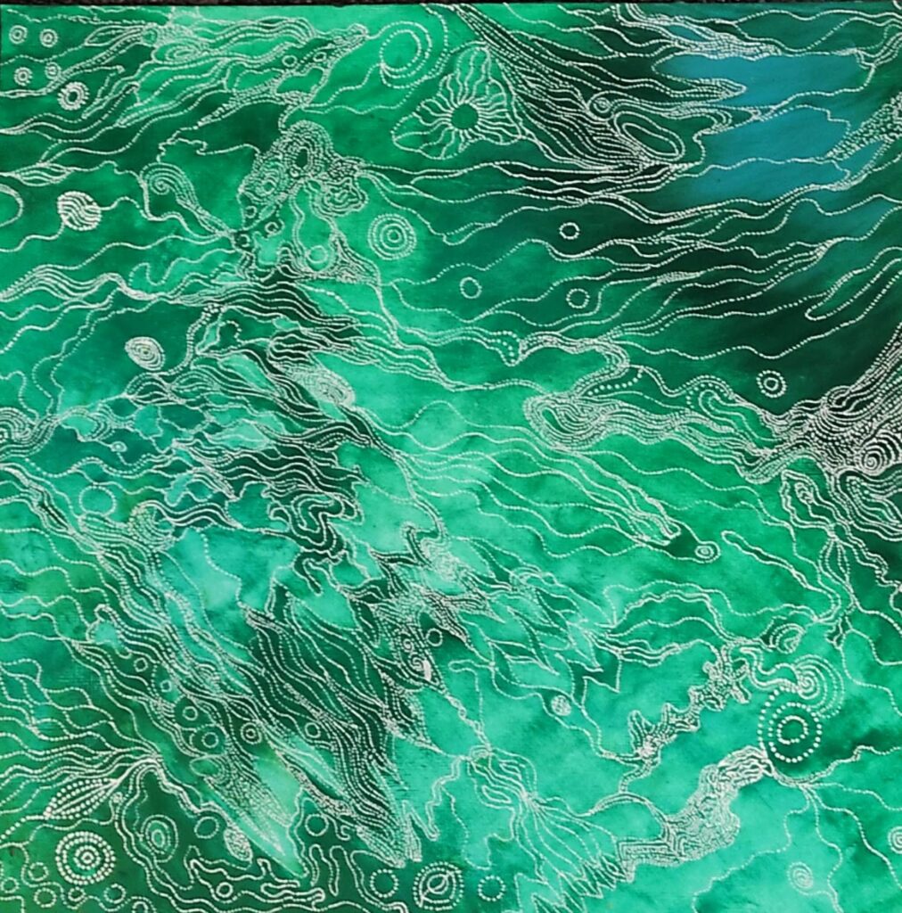 peinture acrylique abstraite marine tons verts et blancs