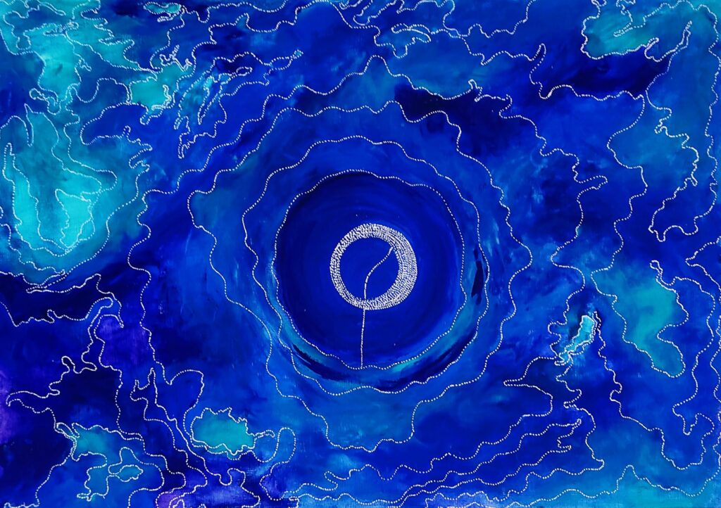 Peinture abstraite rectangulaire "Antarès" bleu et turquoise avec détails blancs au posca –Nadège Tissot