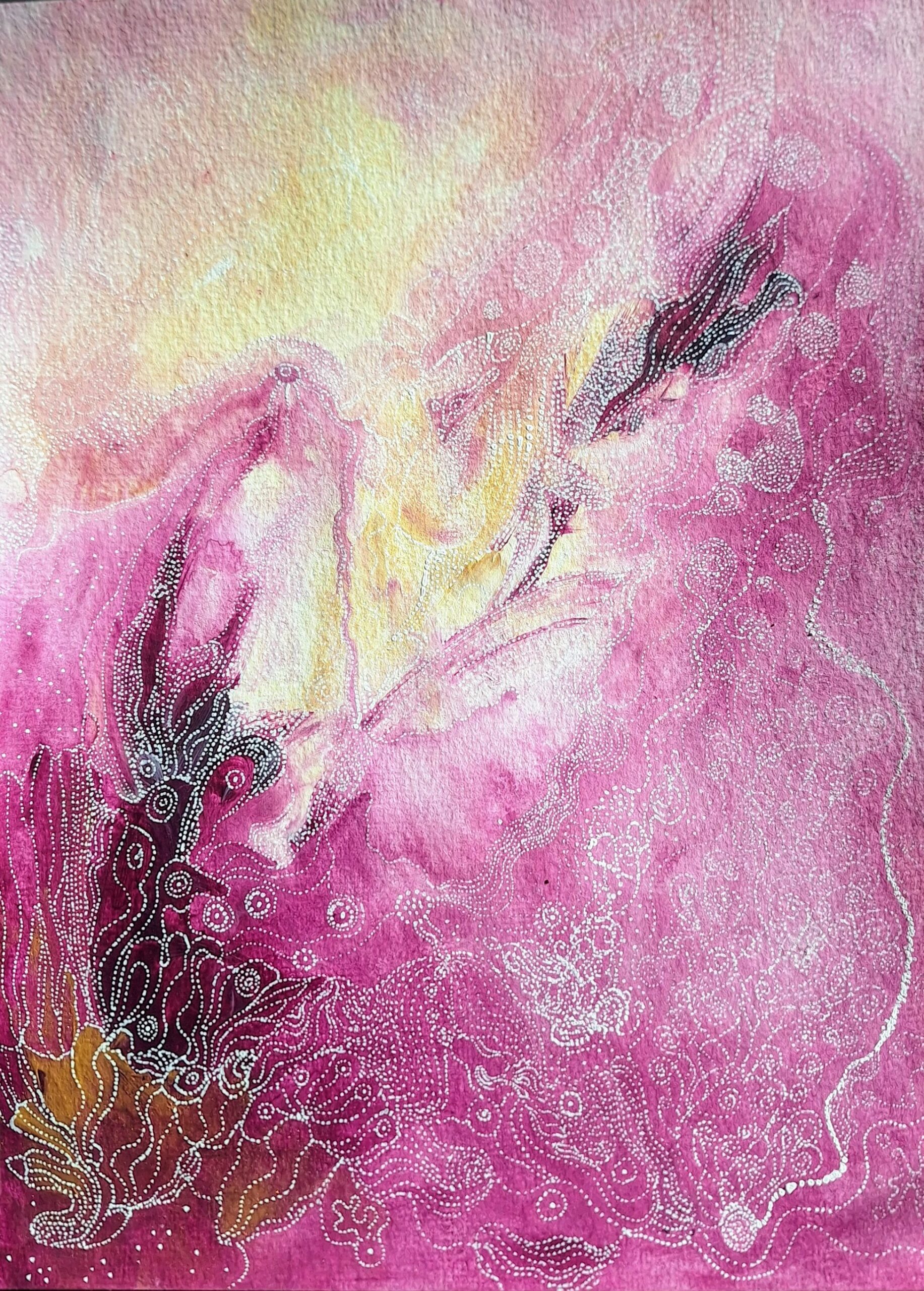 Peinture abstraite rectangulaire "Echoes: Lumière de lune" violet, blanc et jaune avec détails fins au posca – œuvre de Nadège Tissot