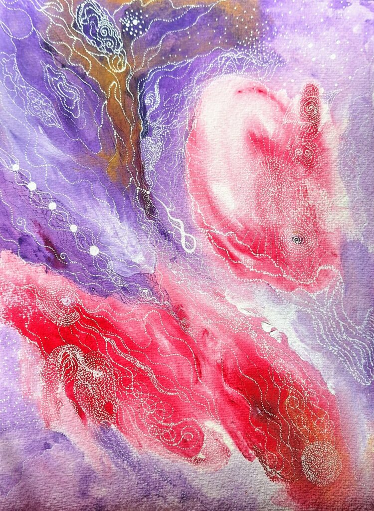 Peinture abstraite rectangulaire "Amore" violet, rouge, doré et blanc – Nadège Tissot