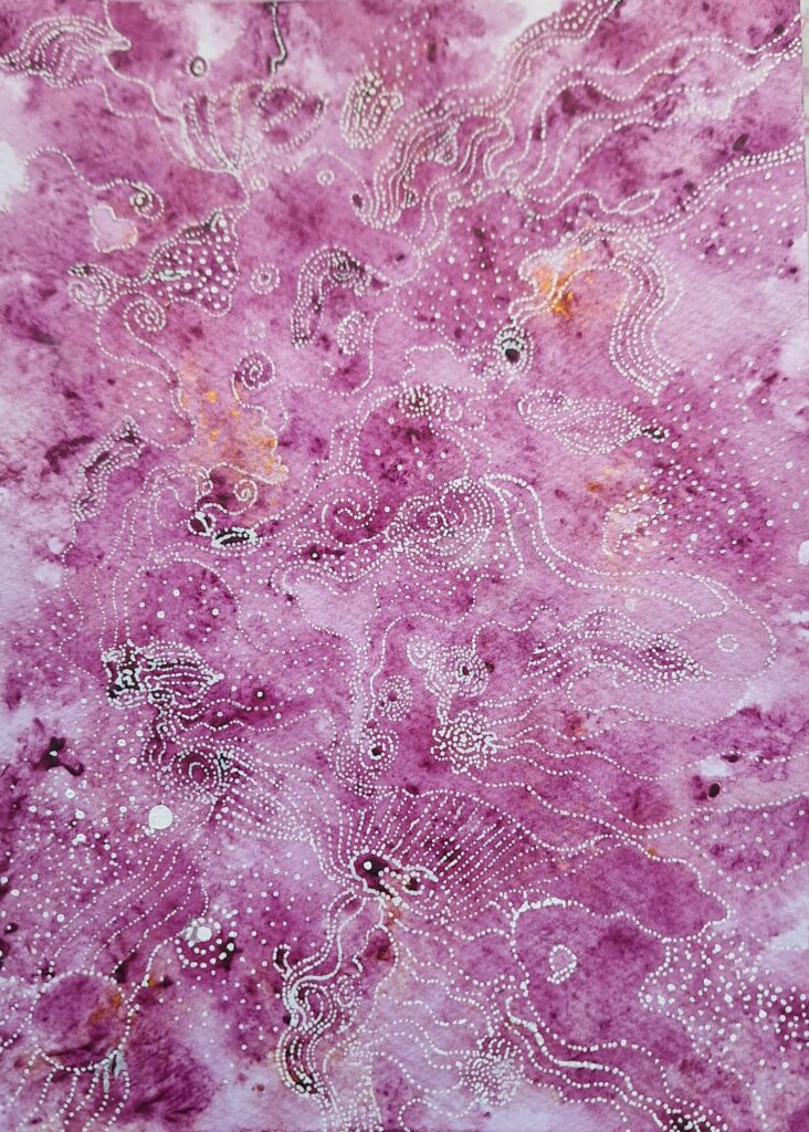 Peinture abstraite sur fond rose avec motifs blancs au feutre – Nadège Tissot