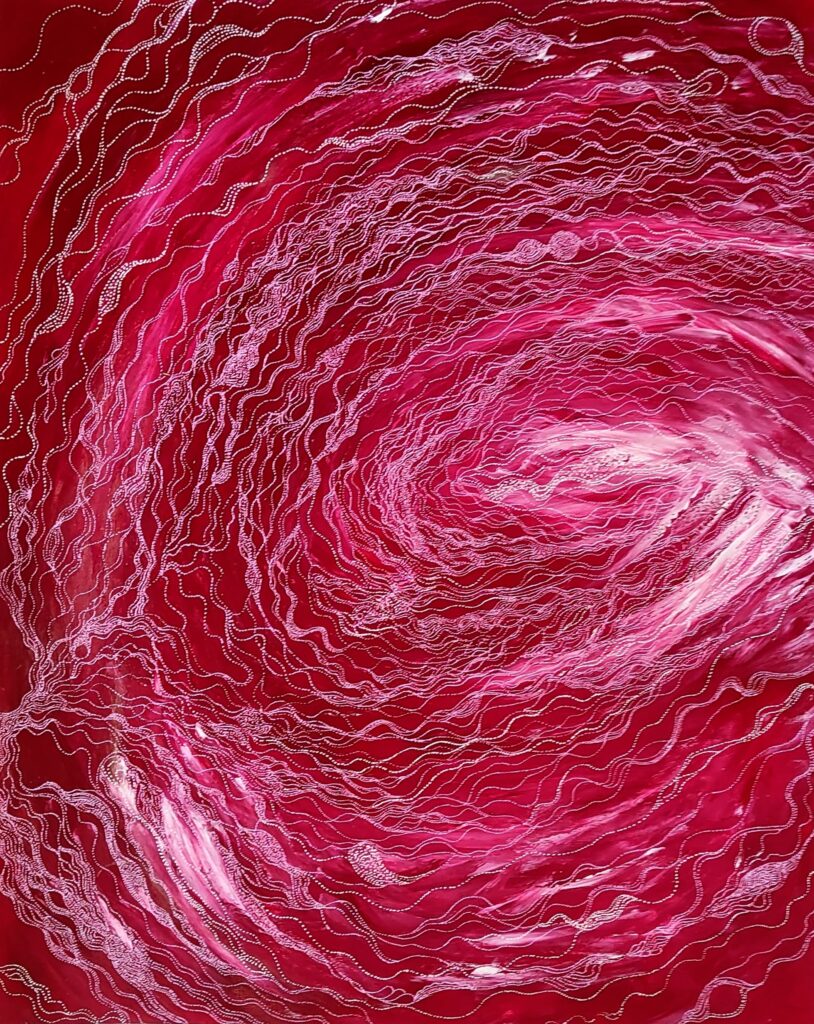 Peinture abstraite "Désir" rouge, rose et blanche avec détails au posca blancs– Nadège Tissot