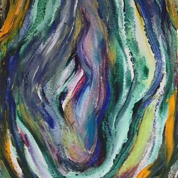 Mother peinture abstraite acrylique mouvement intériorité, couleurs vert, jaune, blanc, violet
