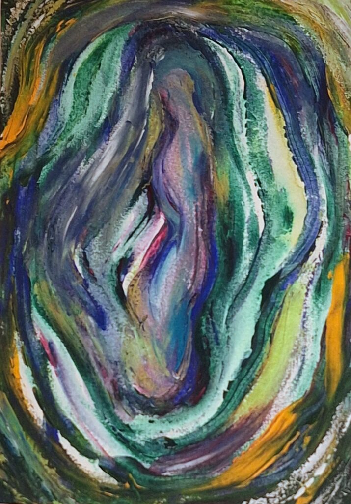 Mother peinture abstraite acrylique mouvement intériorité, couleurs vert, jaune, blanc, violet