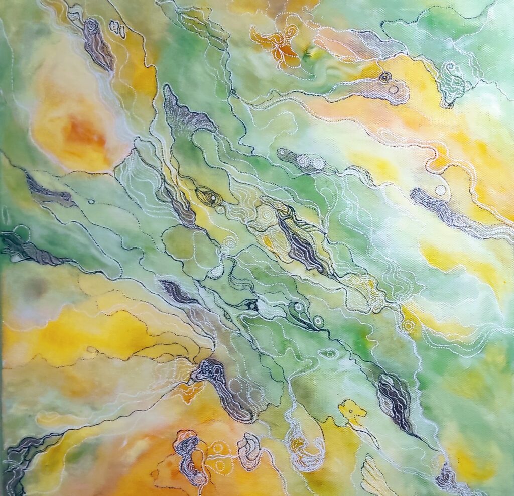 Tableau abstrait printemps en vert, orange et blanc avec détails graphiques gris – Nadège Tissot