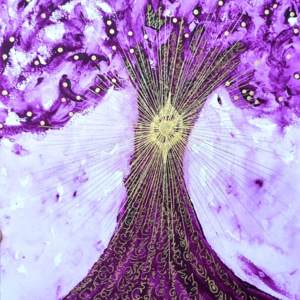 Peinture abstraite rectangulaire "Tree of Light" violet et doré avec calligraphie – œuvre de Nadège Tissot