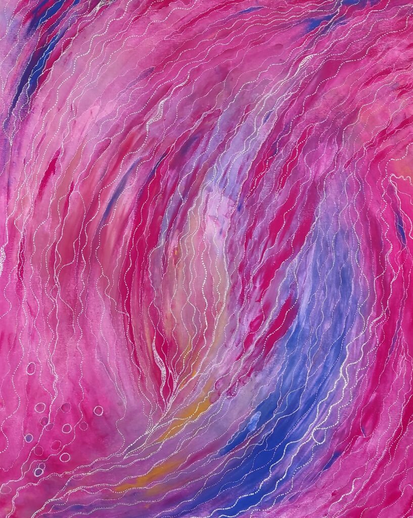 Peinture abstraite "Vague" rose, bleu, jaune et blanc – Nadège Tissot