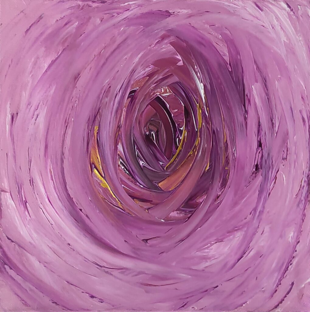 Peinture abstraite carrée "Lumière intérieure" violet, rose et doré avec relief – Nadège Tissot